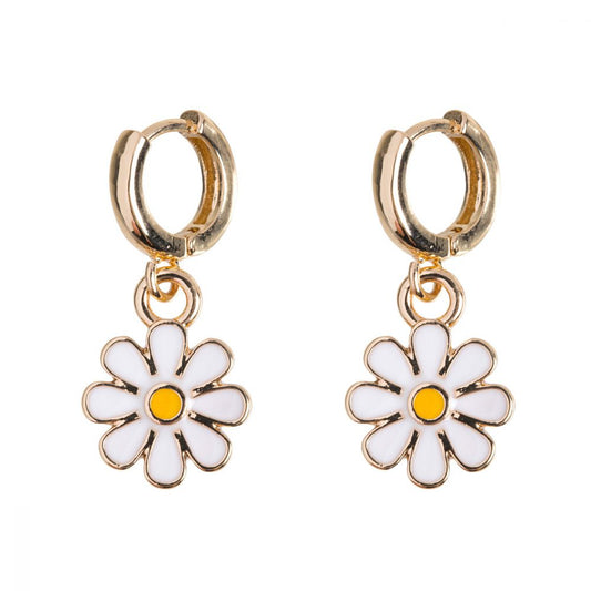 Enamel Daisy Flower Hoops Gold Plated White