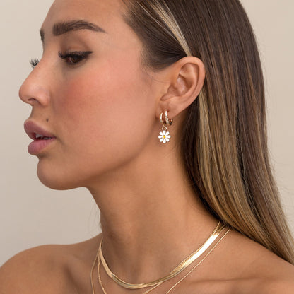 Enamel Daisy Flower Hoops Gold Plated White