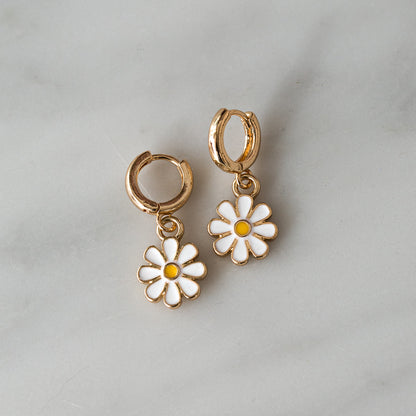 Enamel Daisy Flower Hoops Gold Plated White