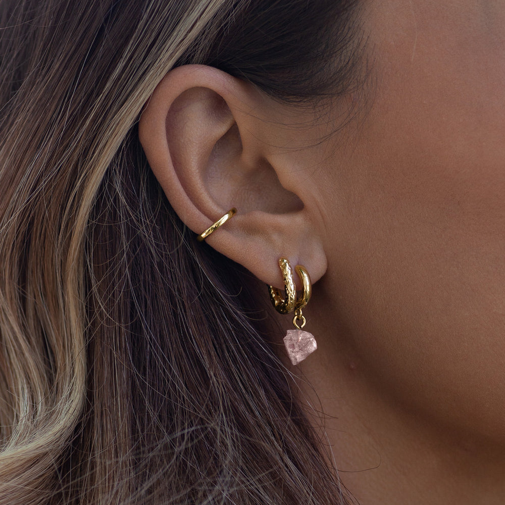 Hoops Earrings Gold Rose Quarz Crystal Semi Precious Stone Pink
