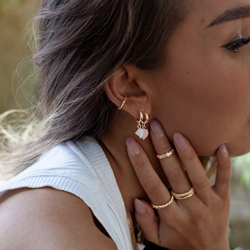 Hoops Earrings Gold Rose Quarz Crystal Semi Precious Stone Pink