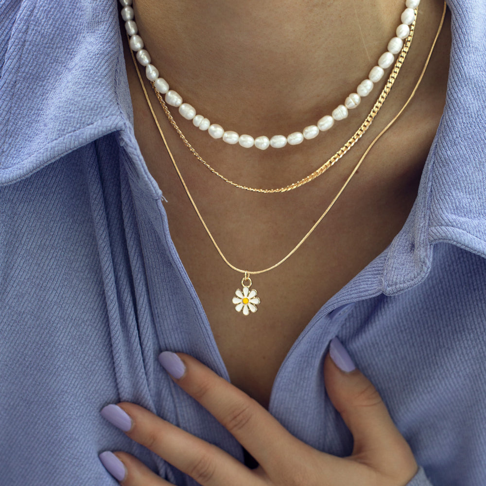 Enamel Daisy Charm Necklace Gold Plated