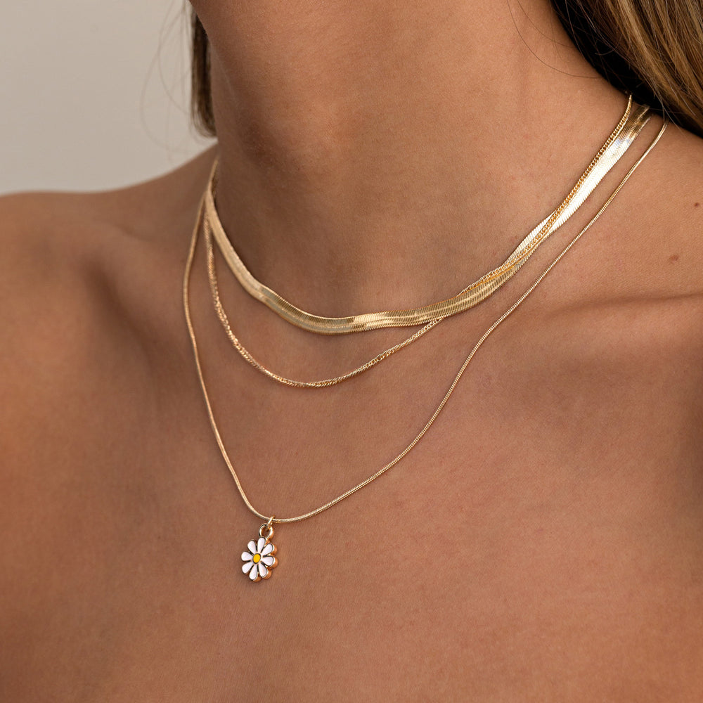 Enamel Daisy Charm Necklace Gold Plated