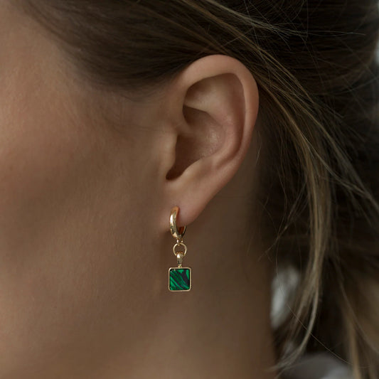 Earrings Square Malachite Hoops Green Gold Plated