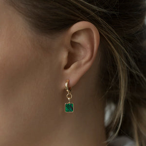 
            
                Load image into Gallery viewer, Earrings Square Malachite Hoops Green Gold Plated
            
        
