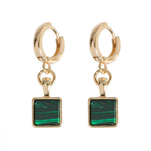 
            
                Load image into Gallery viewer, Earrings Square Malachite Hoops Green Gold Plated
            
        