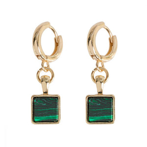 Earrings Square Malachite Hoops Green Gold Plated