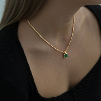 Necklace Green Malachite Genuine Gold Plated Square Charm Timi