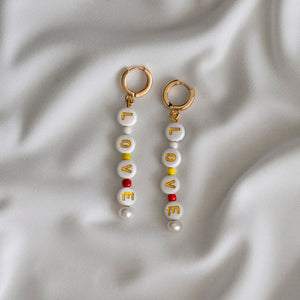 Drop Earrings Hoop LOVE Beaded Gold Plated Freshwater Pearls