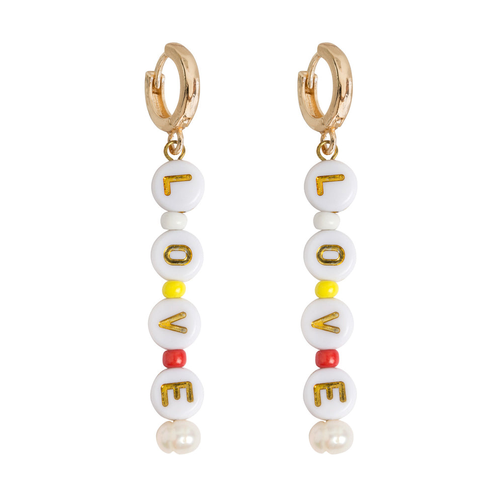 Drop Earrings Hoop LOVE Beaded Gold Plated Freshwater Pearls