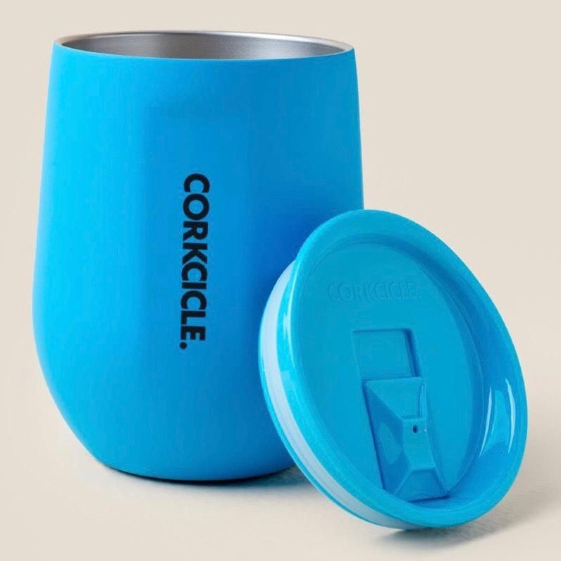 Corkcicle 12oz stemless thermal cup for hot and cold drinks in neon blue