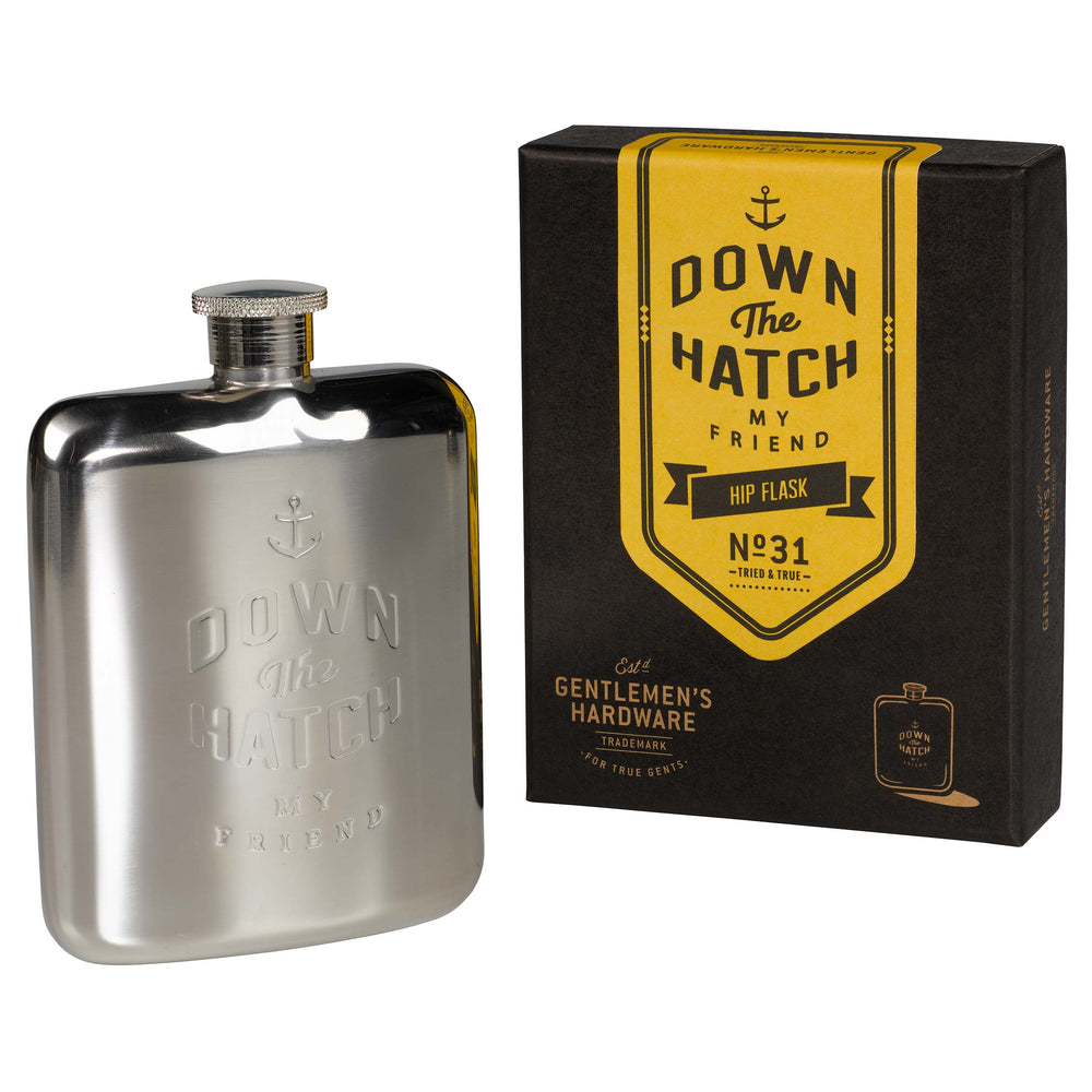 
            
                Load image into Gallery viewer, Silver &amp;quot;down the hatch&amp;quot; hip flask
            
        