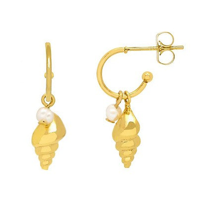 Mini Hoop Drop Earrings Shell and Pearl - Gold Plated