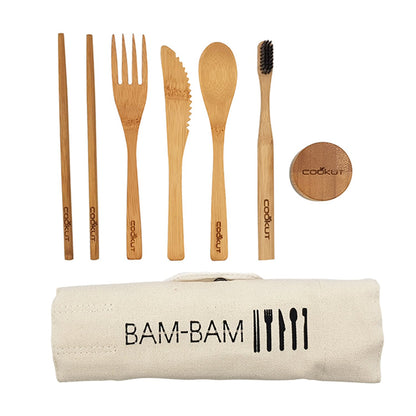 Cutlery eating set portable on the go with fold out roll case in bamboo