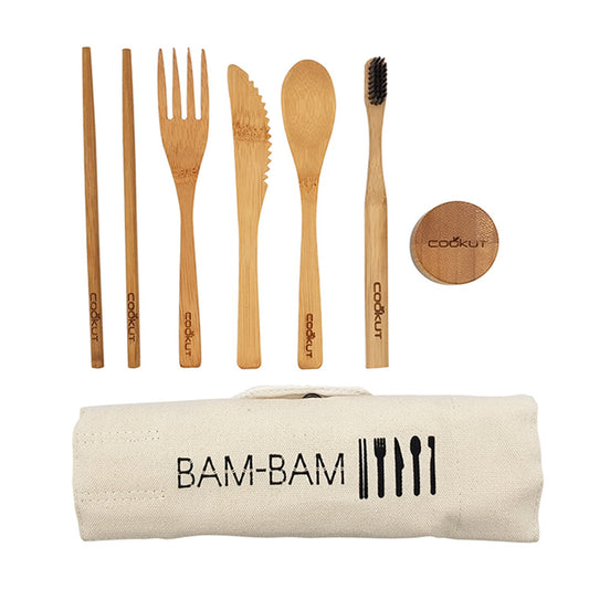 Cutlery eating set portable on the go with fold out roll case in bamboo