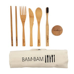 Cutlery eating set portable on the go with fold out roll case in bamboo