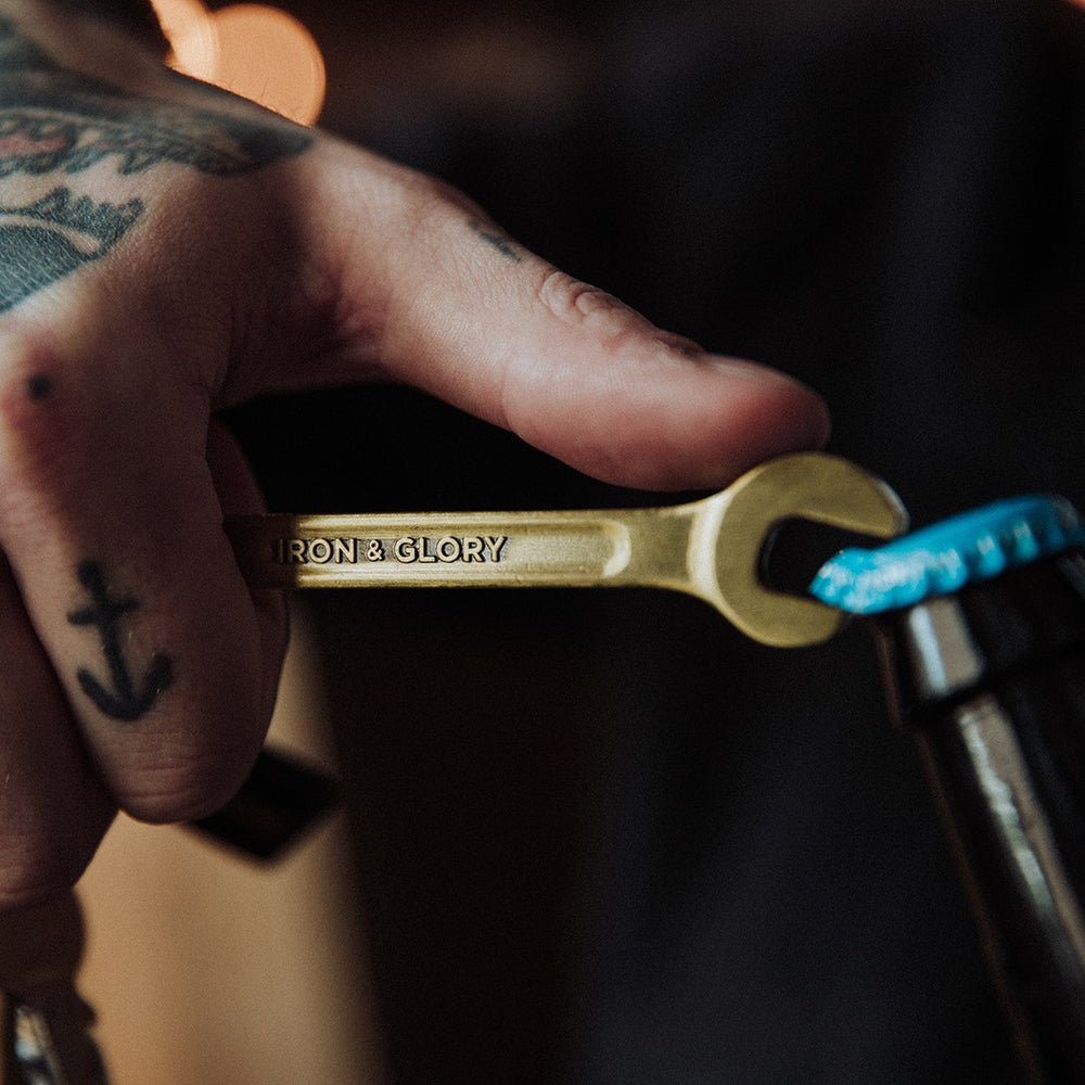 Bottle opener wrench by Iron and Glory in brass