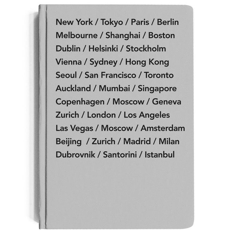 
            
                Load image into Gallery viewer, A5 Hardcover notebook with bucket list cities in grey
            
        