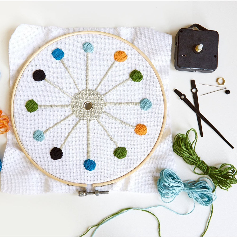 Cross Stitch Clock in White Yellow Green Blue and Black