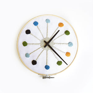 Cross Stitch Clock in White Yellow Green Blue and Black