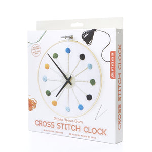 Cross Stitch Clock in White Yellow Green Blue and Black