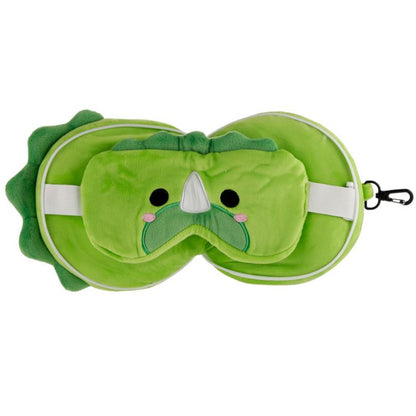 Dinosaur Folding Pillow with Eye Mask Compact Travel Kids Green