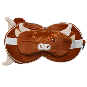 Highland Cow Folding Pillow with Eye Mask Compact Travel Kids Brown