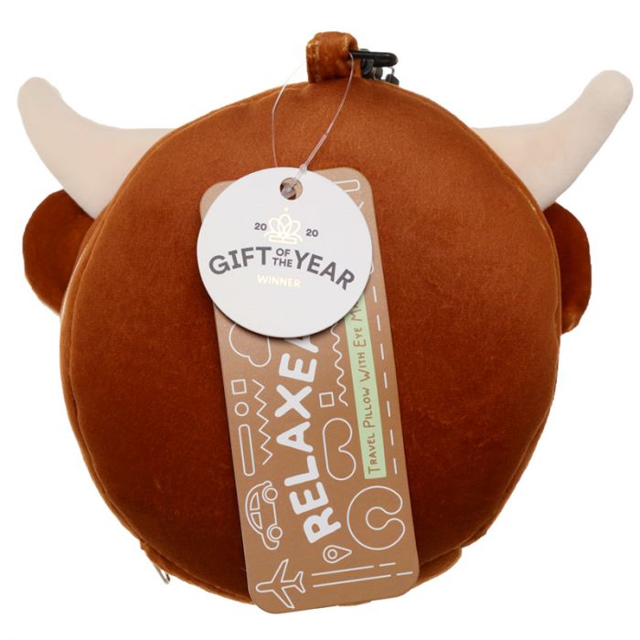Highland Cow Folding Pillow with Eye Mask Compact Travel Kids Brown