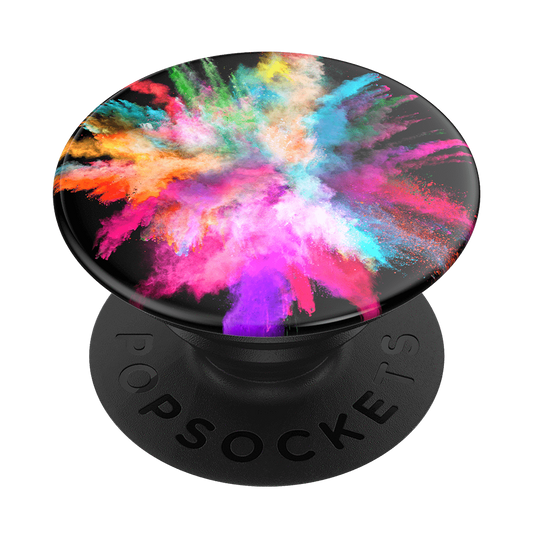 Mobile accessory expanding hand-grip and stand Popsocket in bursting streams of colour on black