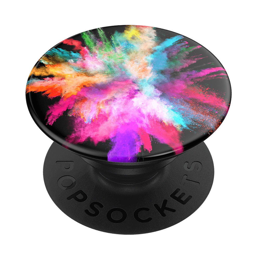 Mobile accessory expanding hand-grip and stand Popsocket in bursting streams of colour on black