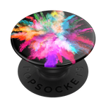 Mobile accessory expanding hand-grip and stand Popsocket in bursting streams of colour on black