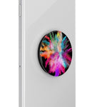 Mobile accessory expanding hand-grip and stand Popsocket in bursting streams of colour on black