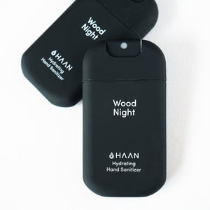 Haan Hand Sanitizer Hydrating 2 Pack in Wood Night Scented in Black Bottle
