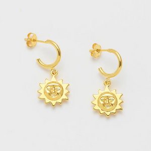 Sun Face Hoop Earrings Gold Plated