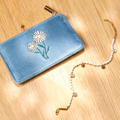 Daisy Card Holder Purse Zip-able Blue Velvet
