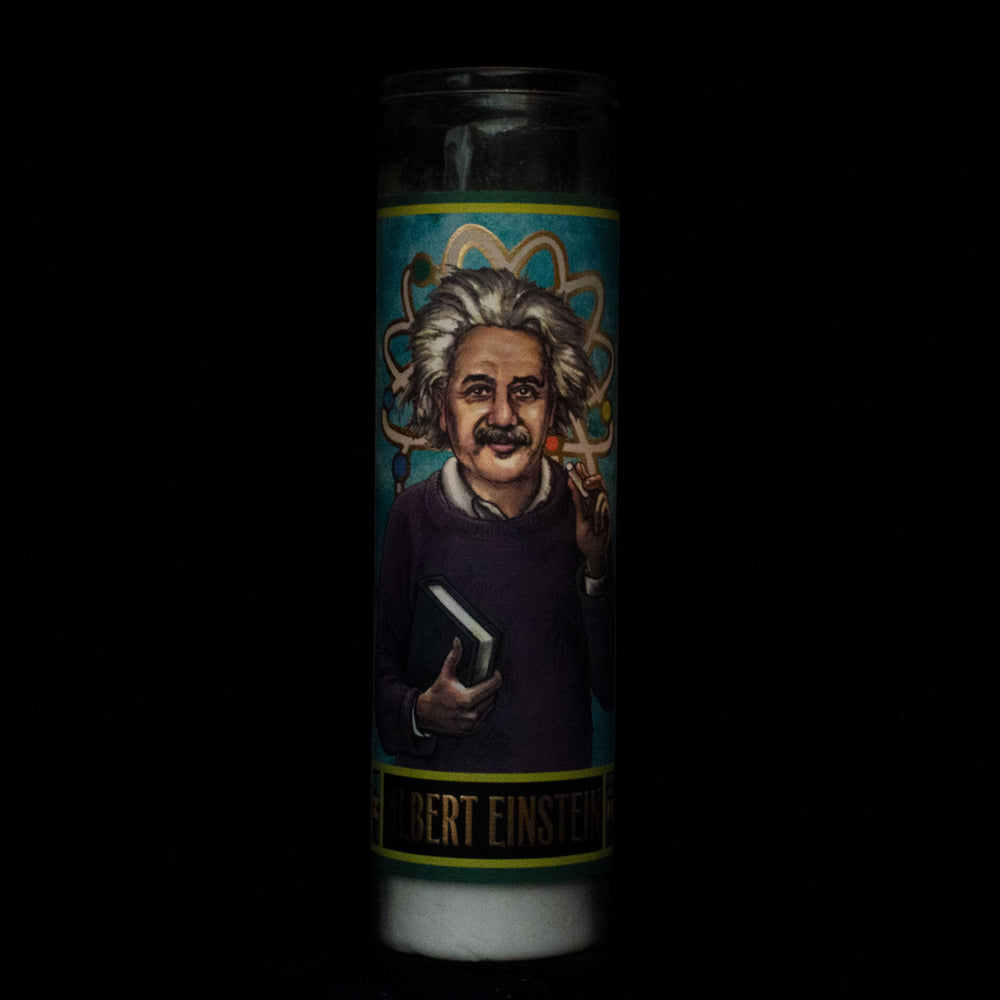 
            
                Load image into Gallery viewer, Tall votive candle with secular Saint &amp;#39;Albert Einstein&amp;#39;
            
        