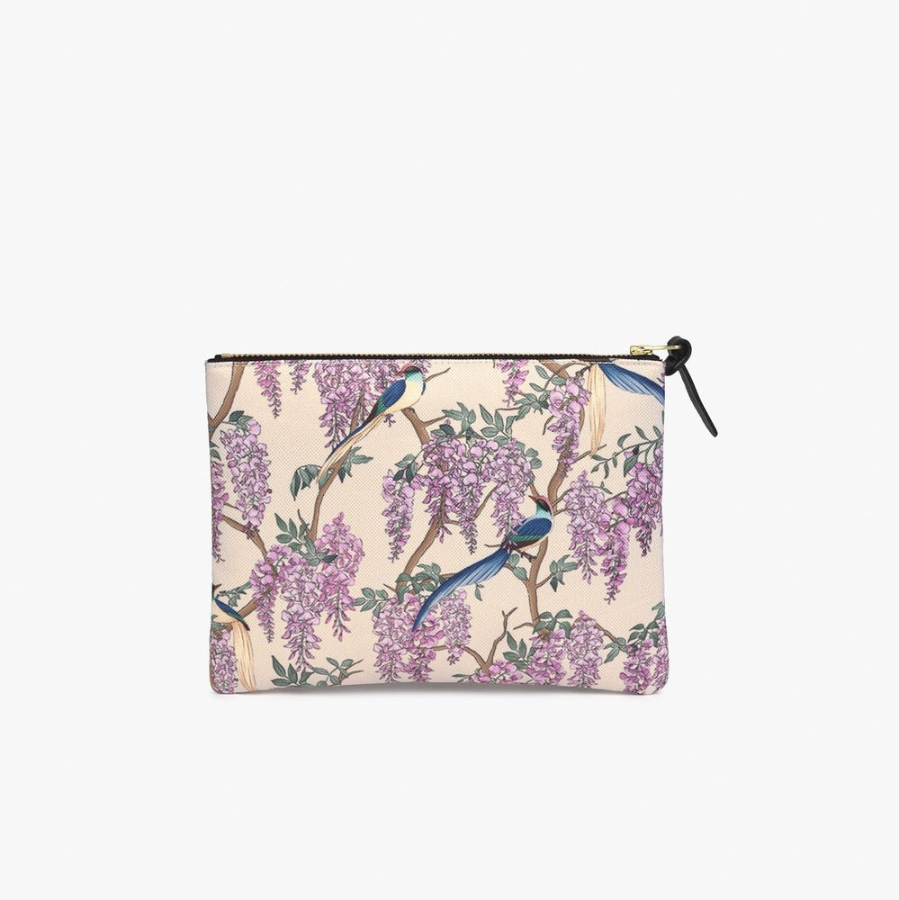 Pouch Flower Floral and Bird Print Large White and Violet Glycine