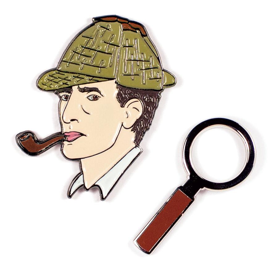 Two Enamel Pin Badge set with Sherlock Holmes and spyglass
