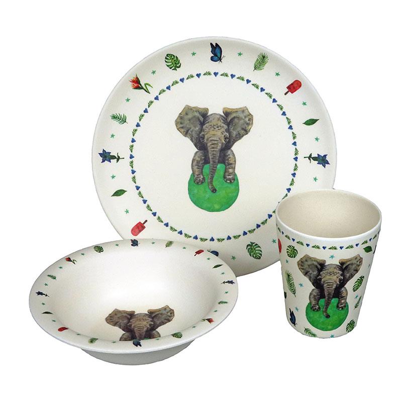 Plate Bowl and Tumbler Set Hungry Elephant in White, Green, Grey, Red and Blue