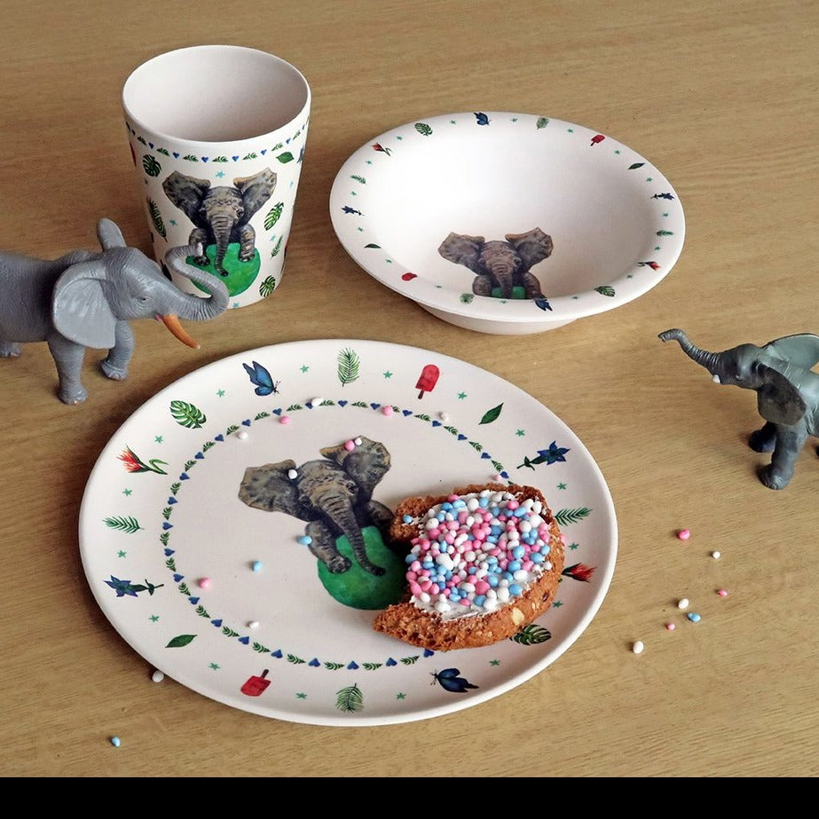 Plate Bowl and Tumbler Set Hungry Elephant in White, Green, Grey, Red and Blue
