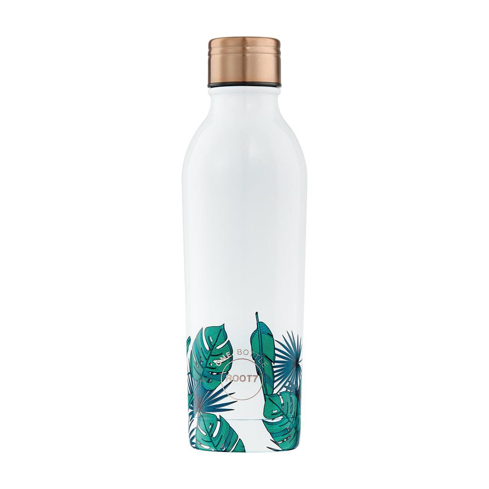 Water Bottle Insulated Double Walled Leak Proof 500ml in White and Green Jungle Leaves Base