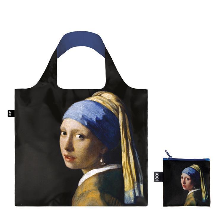 Foldable Tote bag with 'Girl with a Pearl Earring' artwork by Johannes Vermeer in black