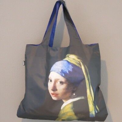 Foldable Tote bag with 'Girl with a Pearl Earring' artwork by Johannes Vermeer in black