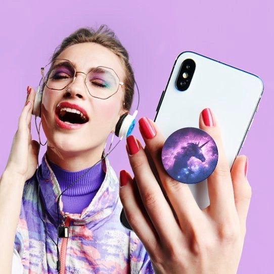 Mobile accessory expanding hand-grip and stand Popsocket in mystical unicorn nebula