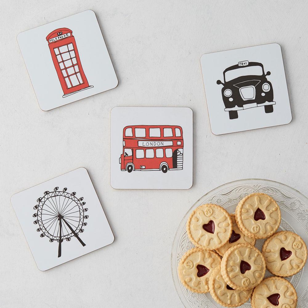 Set of four coasters with London skyline souvenir gift in white