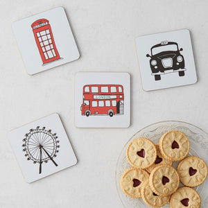 Set of four coasters with London skyline souvenir gift in white