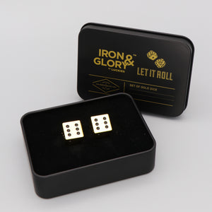 Dice Set of Two 'Let it roll' Iron and Glory Gold