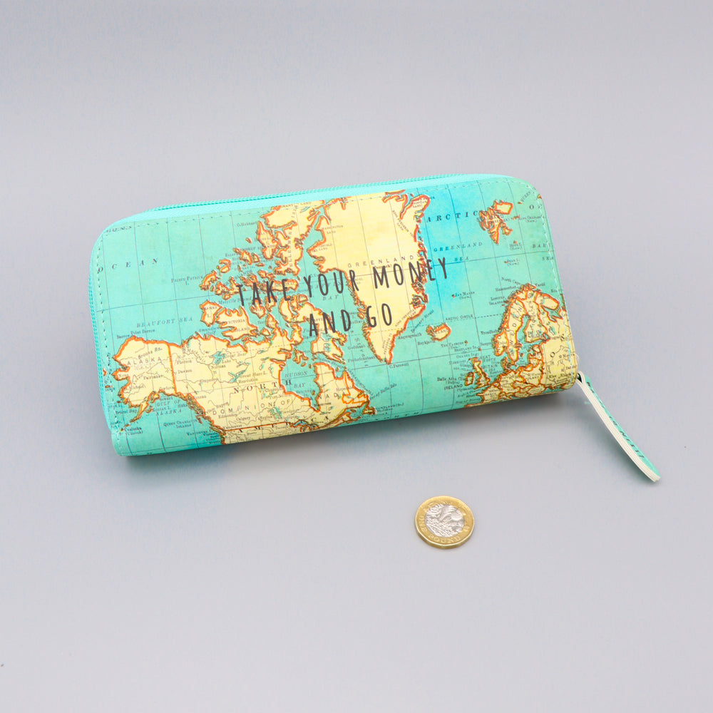 Wallet with Vintage Map Design Blue Faux Leather