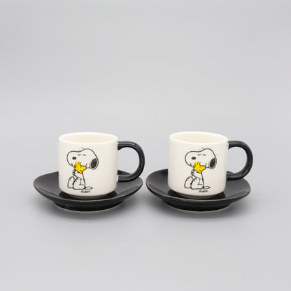 Snoopy Espresso Cup and Saucer Set of 2 Peanuts Comic 'Love' in White and Black