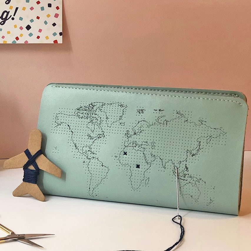 Customisable stitch travel wallet real leather in mint green